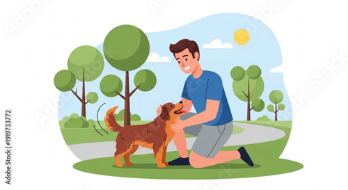 Man kneeling with happy brown dog in park on sunny day with green trees