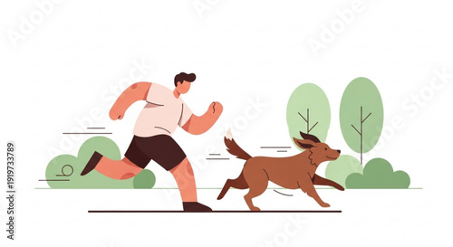 Man jogging with brown dog in park with green trees and bushes exercising and running together outdoors