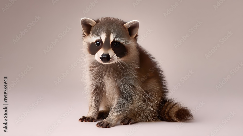 Obraz premium Adorable raccoon sitting on a soft background, showcasing its fluffy fur, expressive eyes, and playful demeanor, perfect for nature and wildlife themes.