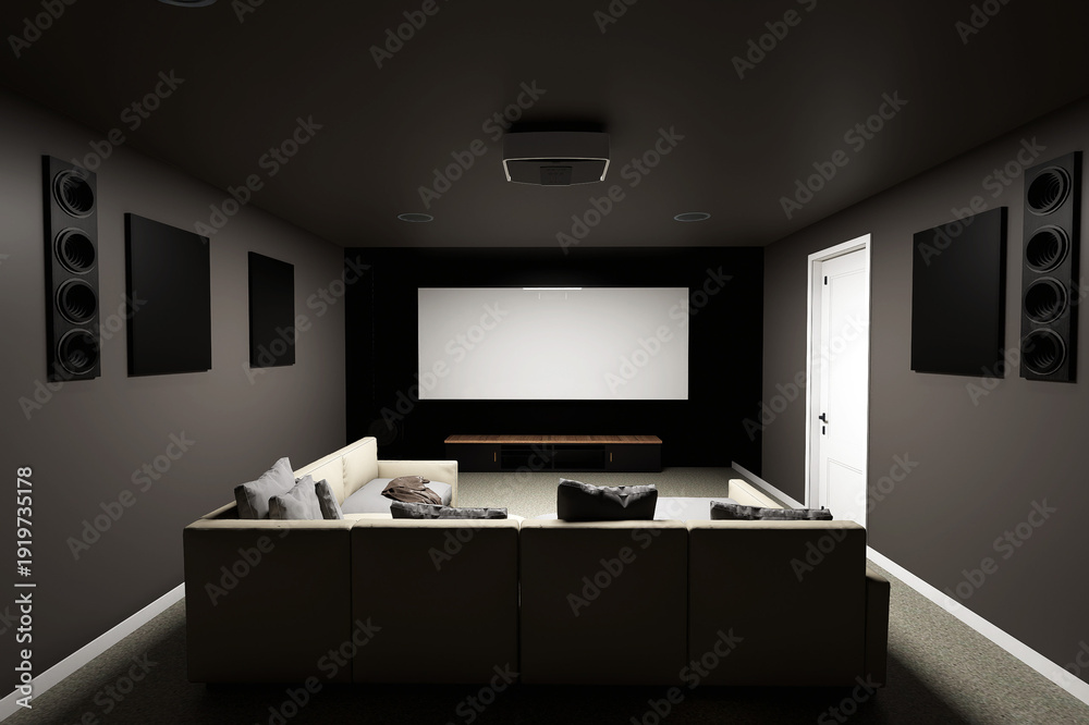 Ταπετσαρία Modern Minimalist Home Theater Room with Projector and Large Screen 3D Render