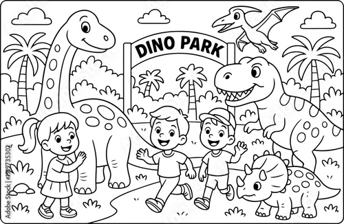 Dinosaurs Park hand drawn vector illustration doodle art line art coloring page for kids