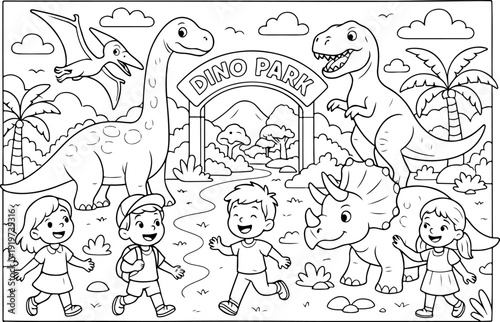 Dinosaurs Park hand drawn vector illustration doodle art line art coloring page for kids
