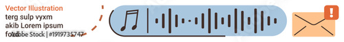 Communication, messaging, notifications, digital sound, music sharing, audio chat. A sound wave and music note inside a message bubble email icon with a badge. Communication and messaging concept