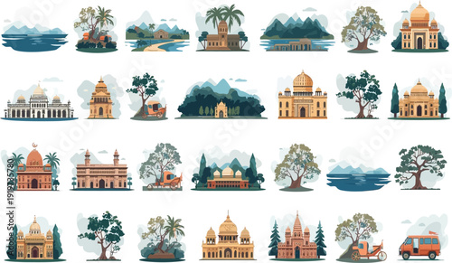 Cartoon style vector illustration set of city landmarks and monuments with houses trees and playful town elements in a seamless pattern design resembling Indian architecture and historical places