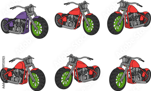 Custom chopper motorcycle collection with classic cruiser design, detailed engine and wide tires colorful vector illustration set isolated on white background