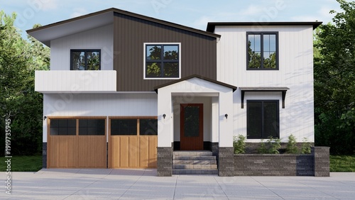 Photos Modern Farmhouse Architecture 3D Render of Two-Story Luxury Suburban Home with W