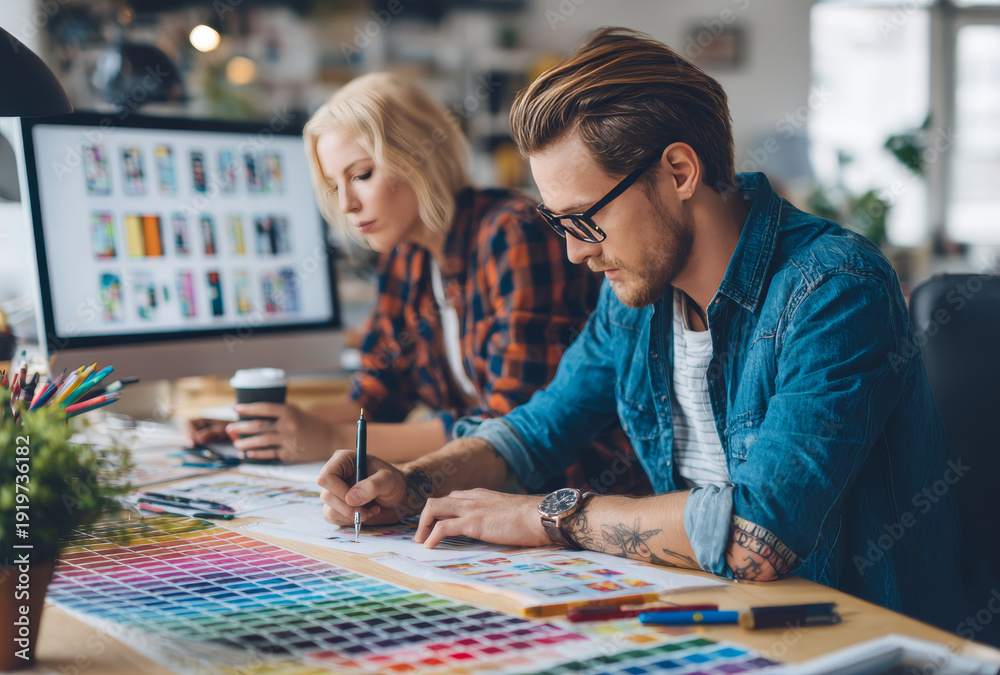 Fototapeta premium Two young creative designers collaborating in a modern workspace with colorful color swatches and digital devices
