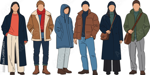 Group of diverse young people wearing stylish winter outfits including coats, jackets, scarves, and hats for cold weather season