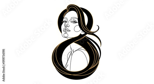 Woman with long dark hair and elegant hairstyle minimalist line art portrait golden accents simple background