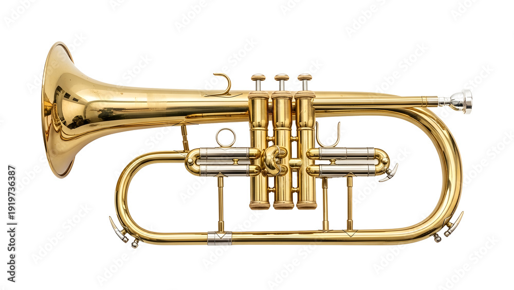 Obraz premium A shiny gold trumpet on a black background with musical instrument details