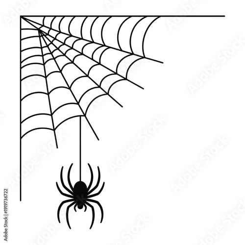 A black spider hangs within a detailed geometric spiderweb corner
