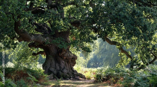 sturdy. Ancient oak tree trunk deeply rooted, lush foliage above, natural light. travel magazines, destination branding, wall prints, designed for travel destination branding, used by professors.