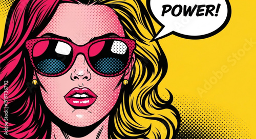 Vibrant pop art woman with sunglasses exclaims power on bright yellow background with bold comic style