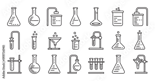 Collection of chemistry laboratory glassware and scientific equipment vector line icons, science tools set