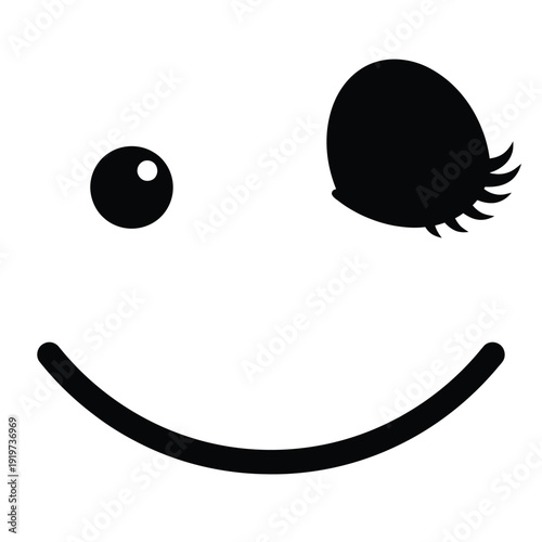 A playful black and white illustration of a winking smiling face