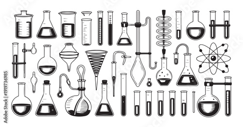 Collection of laboratory glassware and scientific equipment isolated on white background vector