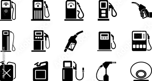 Gas Station Fuel Pump and Nozzle Silhouette Icon Set, Petroleum Industry Service Equipment Vector Illustration Collection Isolated on Light Background