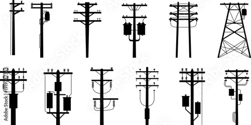 Set of electric utility poles and power transmission towers silhouettes isolated on white background, high voltage lines and transformers vector illustration collection