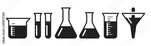 Laboratory equipment vector icons including erlenmeyer flask beaker test tube and funnel for chemical lab