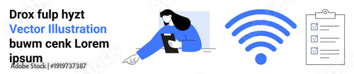 Remote work, internet communication, task management, digital connectivity, productivity, project planning. Woman pointing with a document, wireless icon and checklist. Remote work and internet