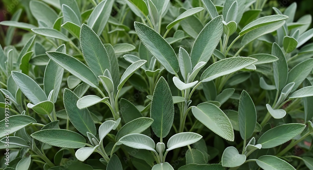 Obraz premium A fresh closeup of organic green sage and basil foliage growing on a lush plant branch in a spring garden forest