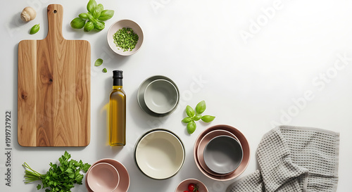 Overhead shot of kitchenware and ingredients on a white surface, including wood, herbs, and bowls