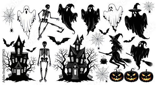 Halloween Icons: Ghosts, Skeletons, Witch, Haunted House, Bats, Pumpkins