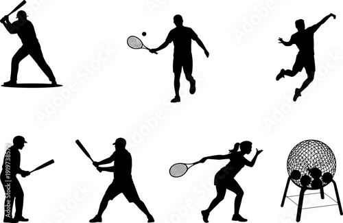 Sports player silhouettes set featuring baseball batters, tennis athletes and lottery drum machine, dynamic action figures isolated on white background