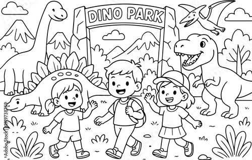 Dinosaurs Park hand drawn vector illustration doodle art line art coloring page for kids