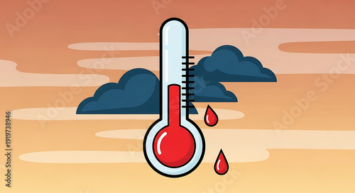 Illustration of a thermometer with red liquid indicating high temperature and dark clouds behind it