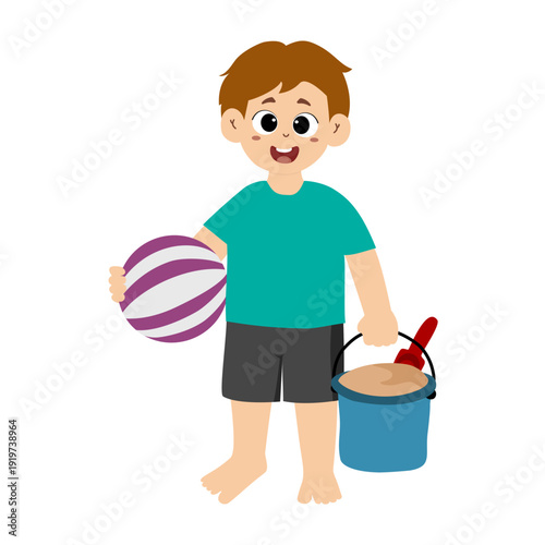 little kid bring a ball and sand. Kid wearing swimming suits and rings. child spending holidays in seaside or swimming pool