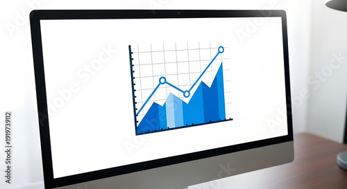 A computer monitor displaying a blue graph with an upward trend on a white background and desk surface