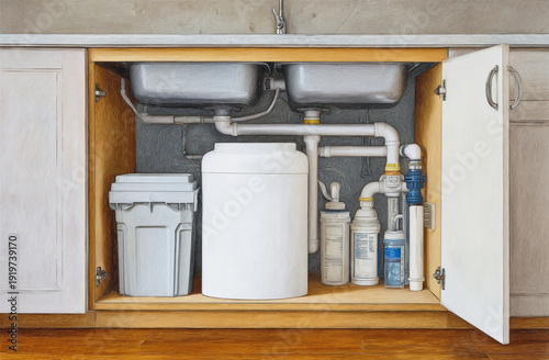 Under sink water filter system with pipes and storage containers in kitchen cabinet
