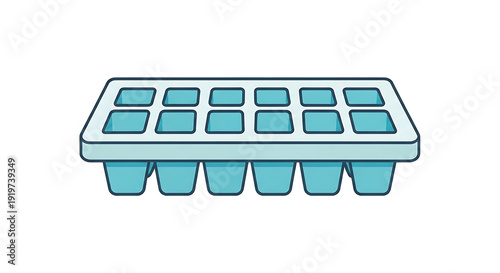 A light blue ice cube tray with empty square slots and rounded bottom compartments on white background