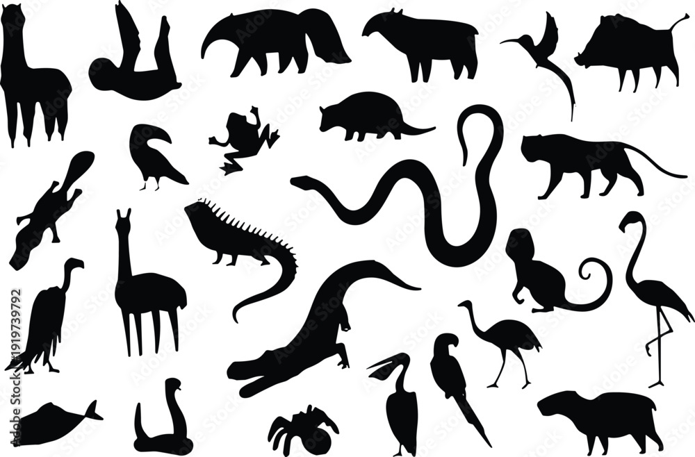 Fototapeta premium Animal silhouette vector collection with giraffe and tiger. Wildlife birds and reptiles in scattered minimalist black design. Isolated on white background with thin border.