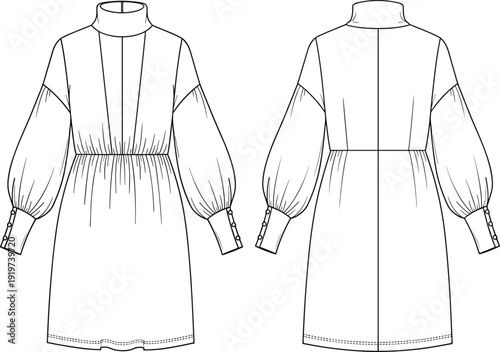 Vector technical fashion illustration of turtle neck dress with bishop sleeves, flat sketch template, front and back view