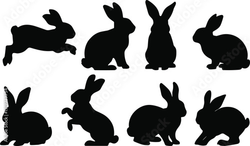 Rabbit silhouette vector set in two row grid. Leaping, sitting and resting bunny poses in minimalist black style. Isolated on white background with thin border.