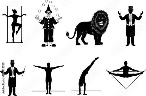 Vintage circus performer collection featuring clown, lion, acrobats, tightrope artists, ringmaster, and aerial dancer in detailed silhouette and illustration style for stock content