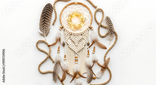 A dreamcatcher with feathers and beads surrounded by rope and a feather on a white background