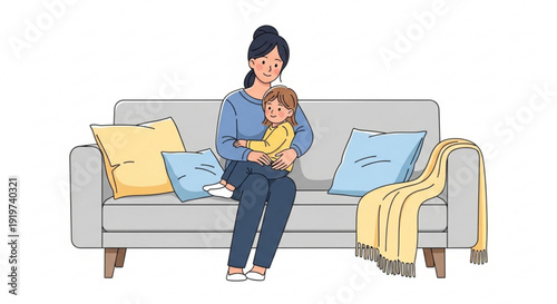 Mother sitting on couch with child cuddling and reading a book together warm home atmosphere
