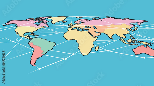 A world map displays various countries in different colors, and lines connect regions to show relationships between them.