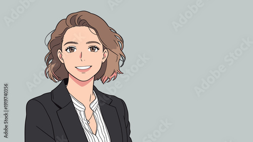 A young woman stands confidently with a smile while wearing a blazer and a striped shirt in a light background.