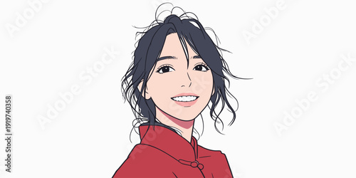 A young woman shows her smile while wearing a traditional outfit. Her long hair frames her face in a bright setting.