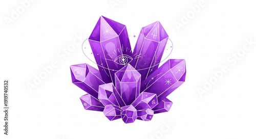 Purple crystal cluster with geometric lines and mystical aura on white background symbolizing spirituality and healing energy