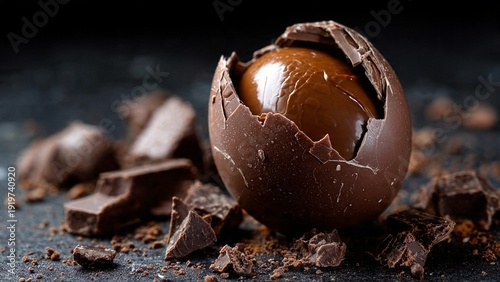 A chocolate Easter egg cracked open with chocolate chunks scattered around it