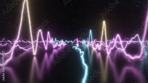 Dynamic neon light waves pulse and reflect on a dark surface with starry