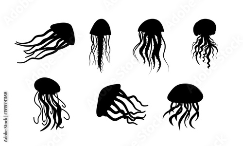 Jellyfish Silhouette Marine Ocean Animal Vector Illustration Set