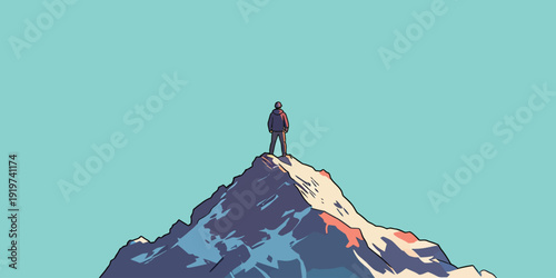 A man is positioned on top of a mountain while looking out at a clear blue sky. The scene shows a blend of colors on the mountain.
