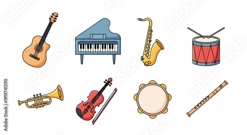 Musical instruments collection on white