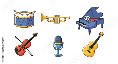 Musical instruments collection on white